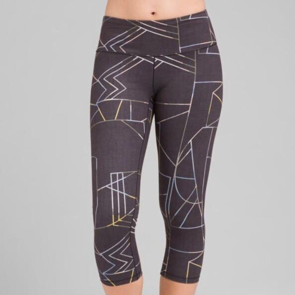 Prana Capri Leggings Women XS Black Geometric Print Yoga Activewear Gym Work Out